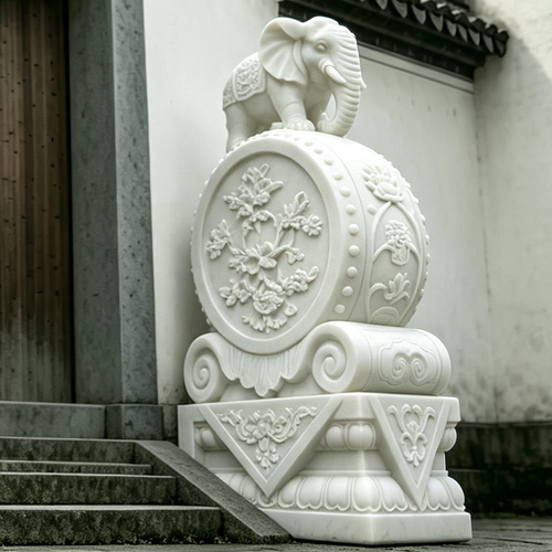 Elephant-Topped Stone Drum Sculpture（A pair）