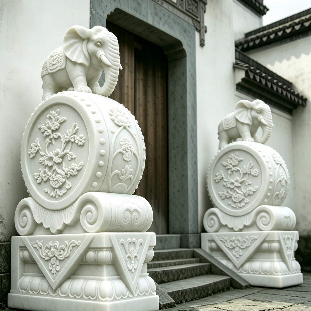 Elephant-Topped Stone Drum Sculpture（A pair）