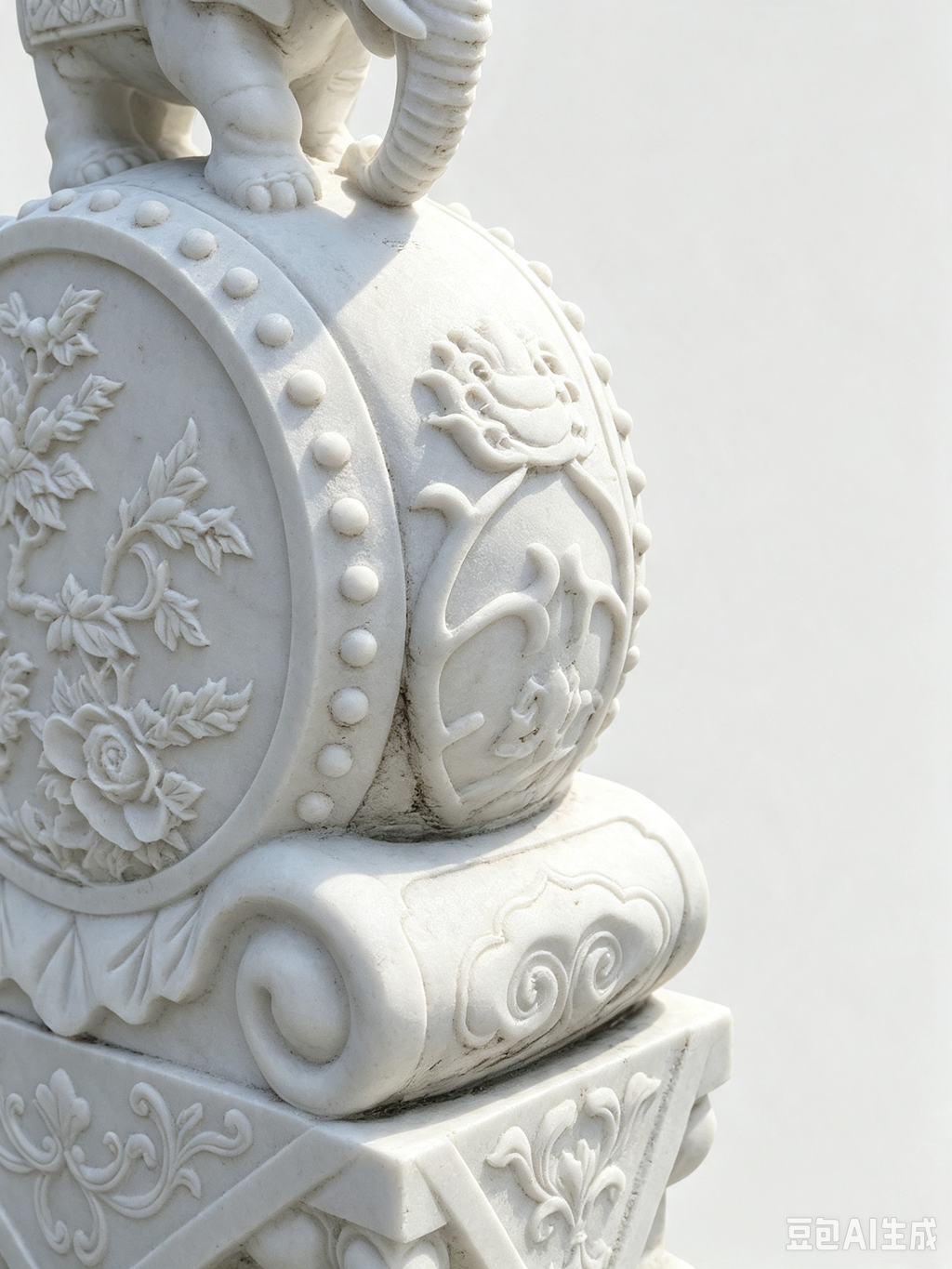 Elephant-Topped Stone Drum Sculpture（A pair）