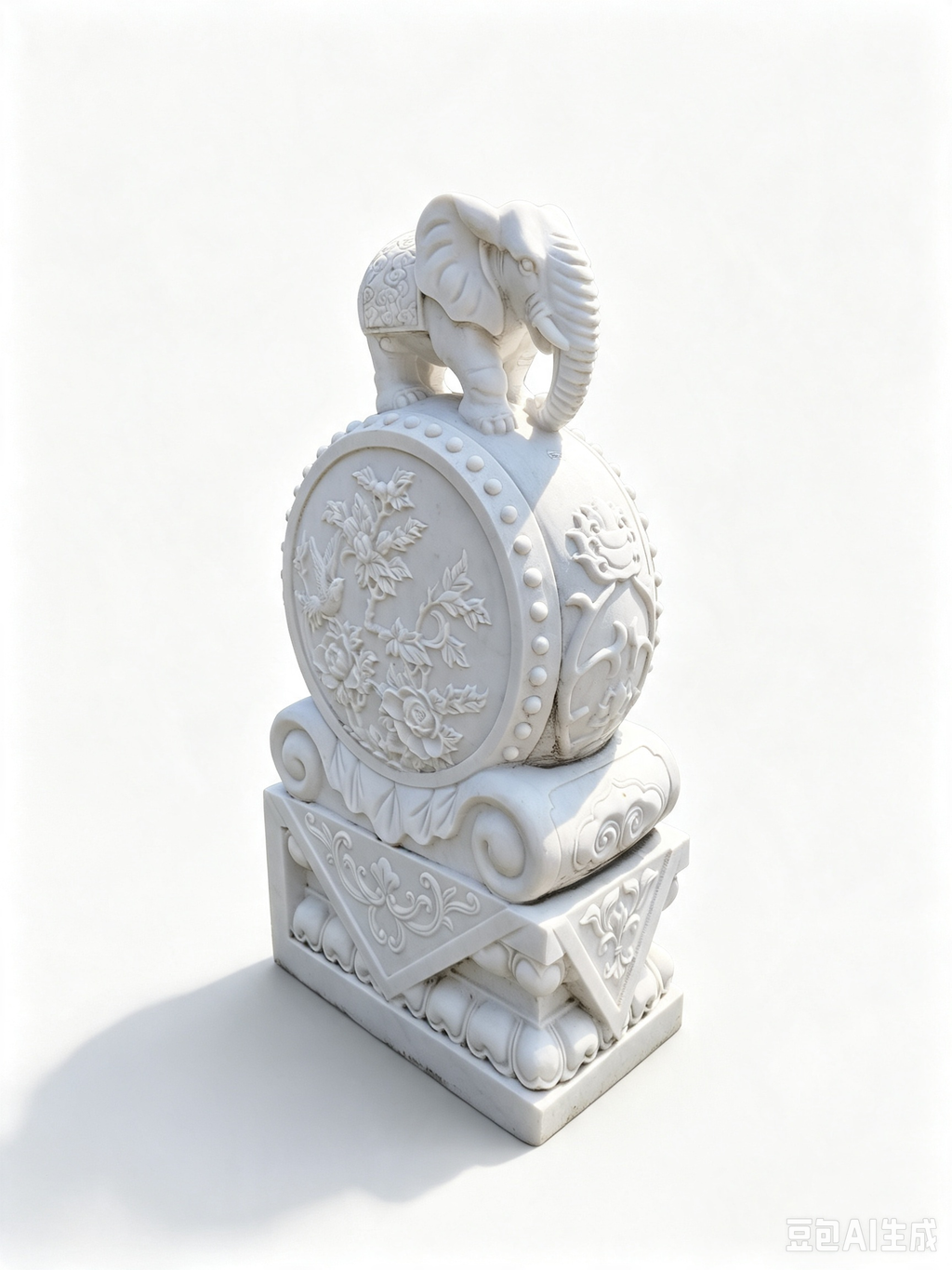 Elephant-Topped Stone Drum Sculpture（A pair）