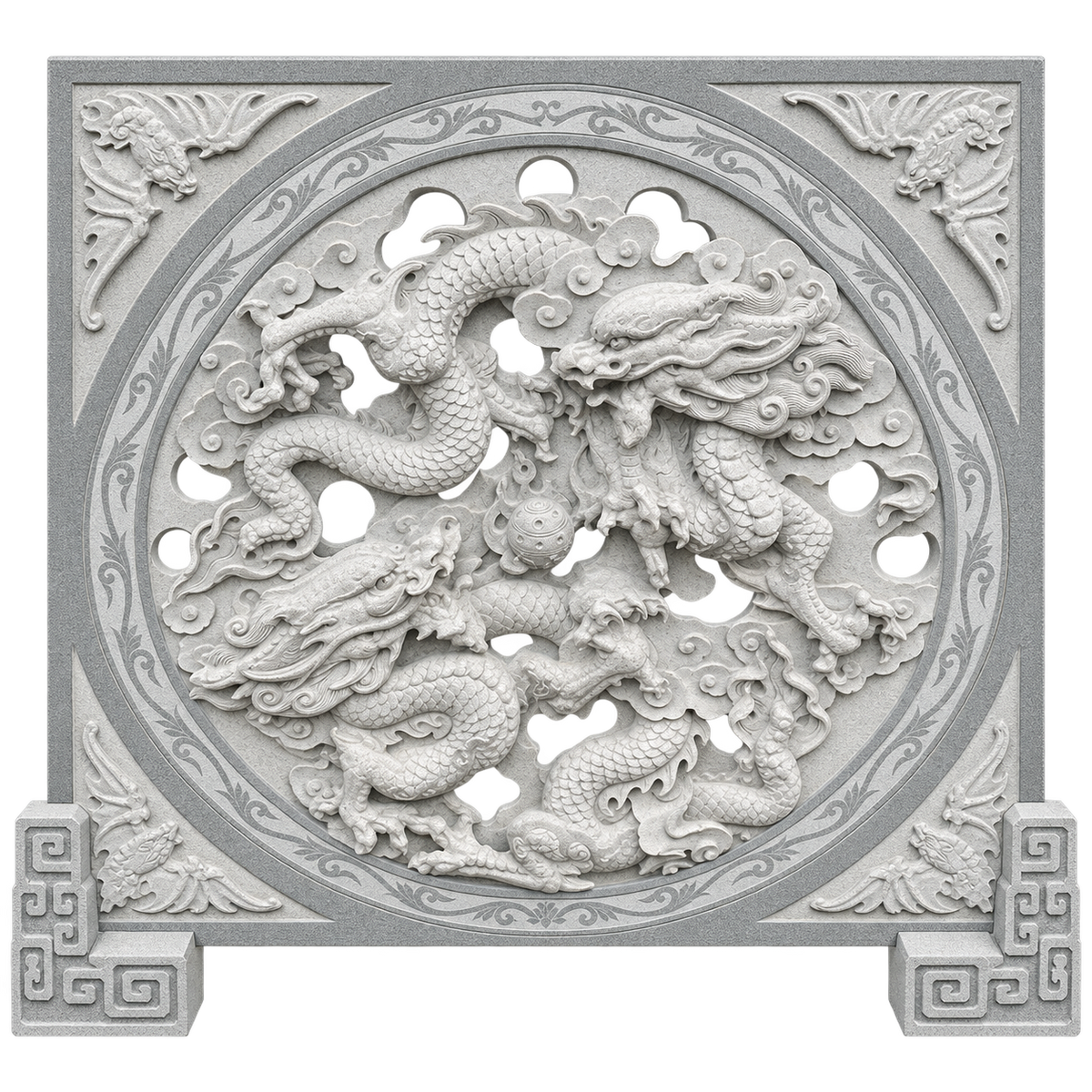 Twin Dragons and the Sacred Pearl Stone Relief