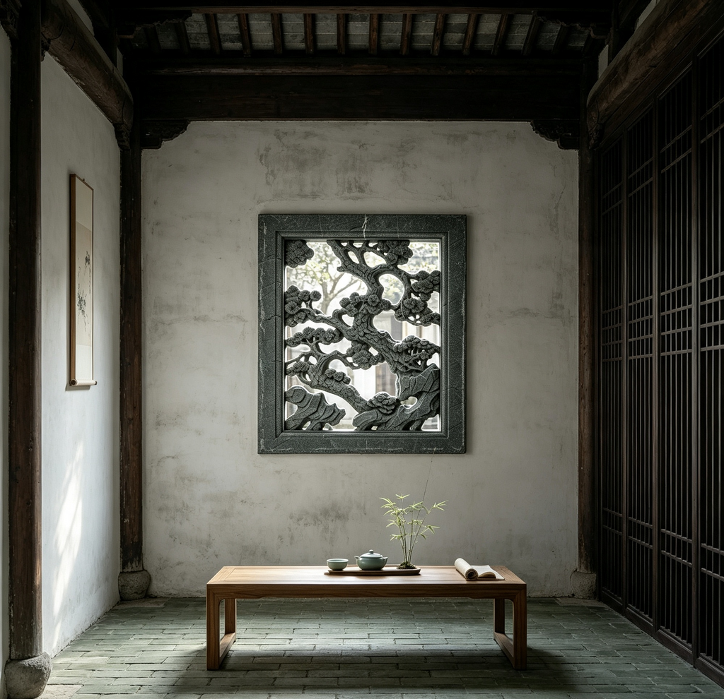 Green Plum Blossom Lattice Window